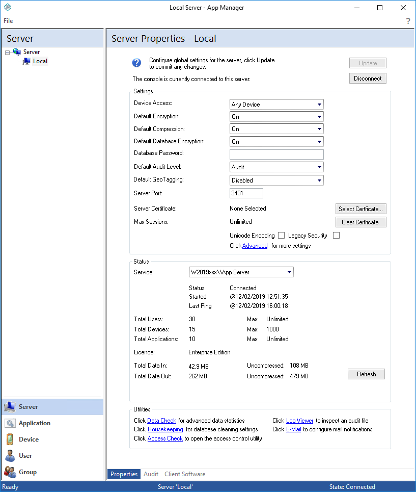 Picture showing the App Manager Server category displaying the Properties tab.